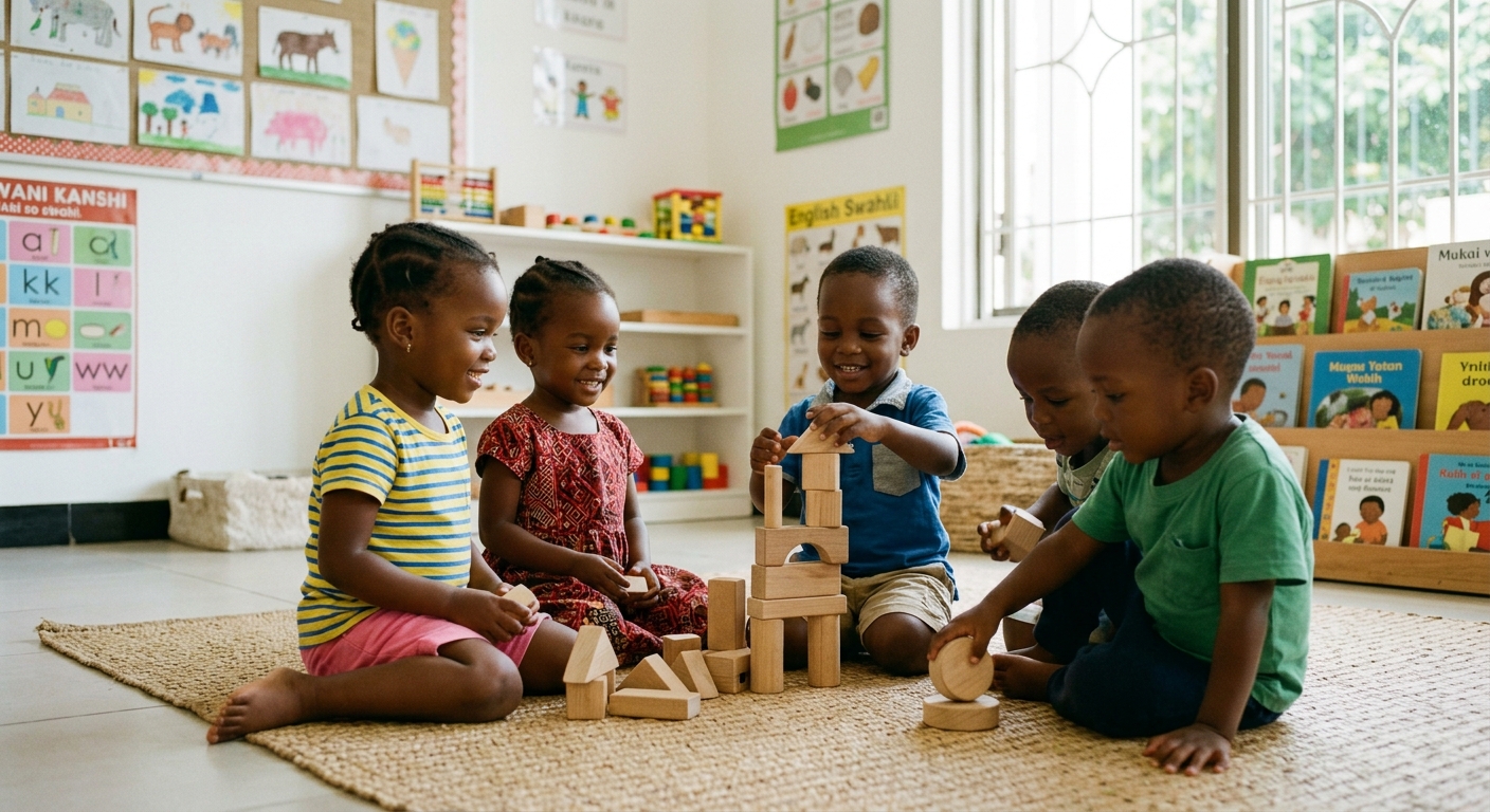 Happy Tanzanian toddler children learning and engaging at Gitrac Daycare Center in Mbezi Msakuzi, Dar es Salaam