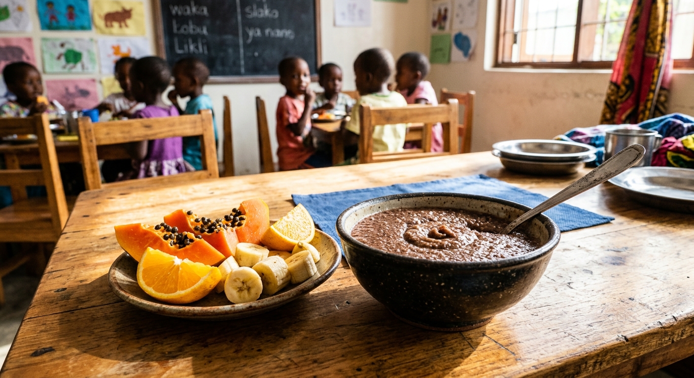 Nutritious warm bowl of Tanzanian uji (porridge) with fresh papaya and bananas served at Gitrac Daycare