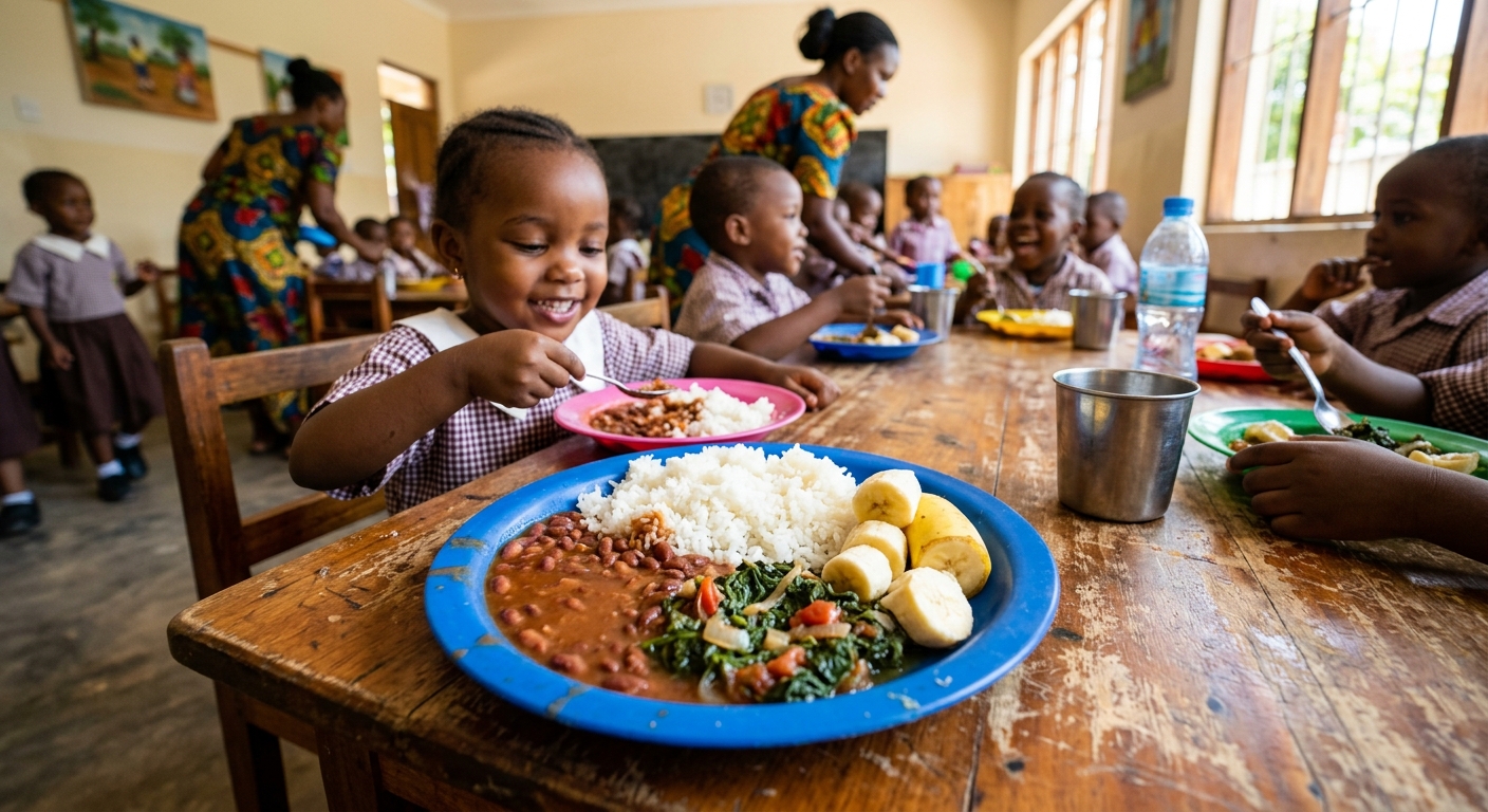 Authentic nutritious Tanzanian daycare lunch with rice, maharage beans, mchicha greens, and banana