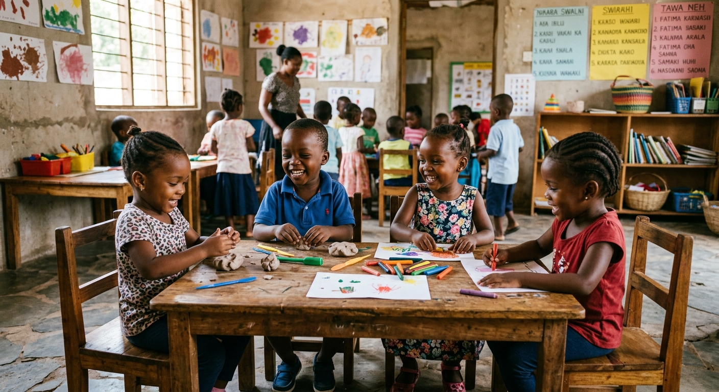 Tanzanian nursery children learning and smiling together at Mbezi Msakuzi daycare