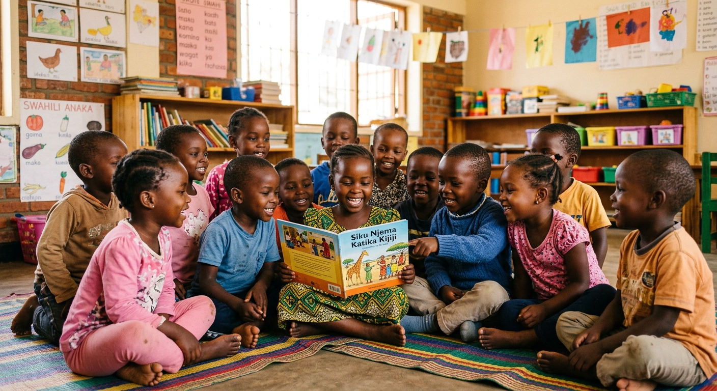 Tanzanian kindergarten children reading Swahili storybook together in classroom at Gitrac Mbezi Dar es Salaam