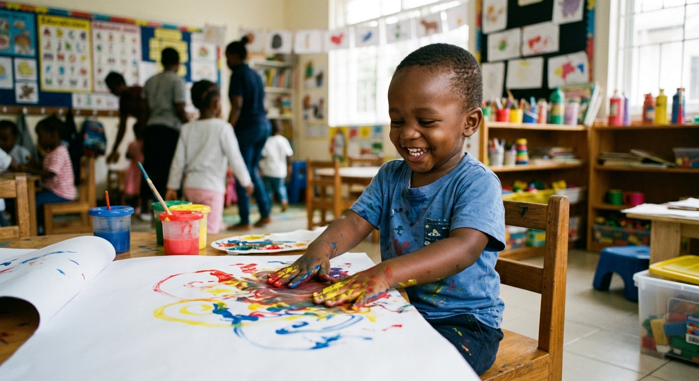 Tanzanian toddler smiling and engaged in gentle finger painting at Gitrac Daycare